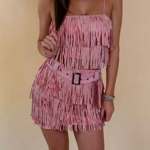Light Pink Rhinestone Fringe Two Piece Outfit